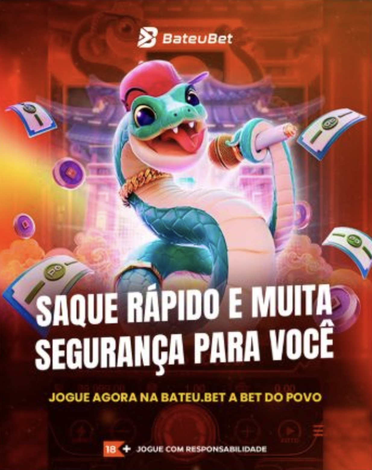 Imagem do jogo Fortune Snake com cobras douradas, símbolos colossais e multiplicadores explosivos na Bateu Bet.